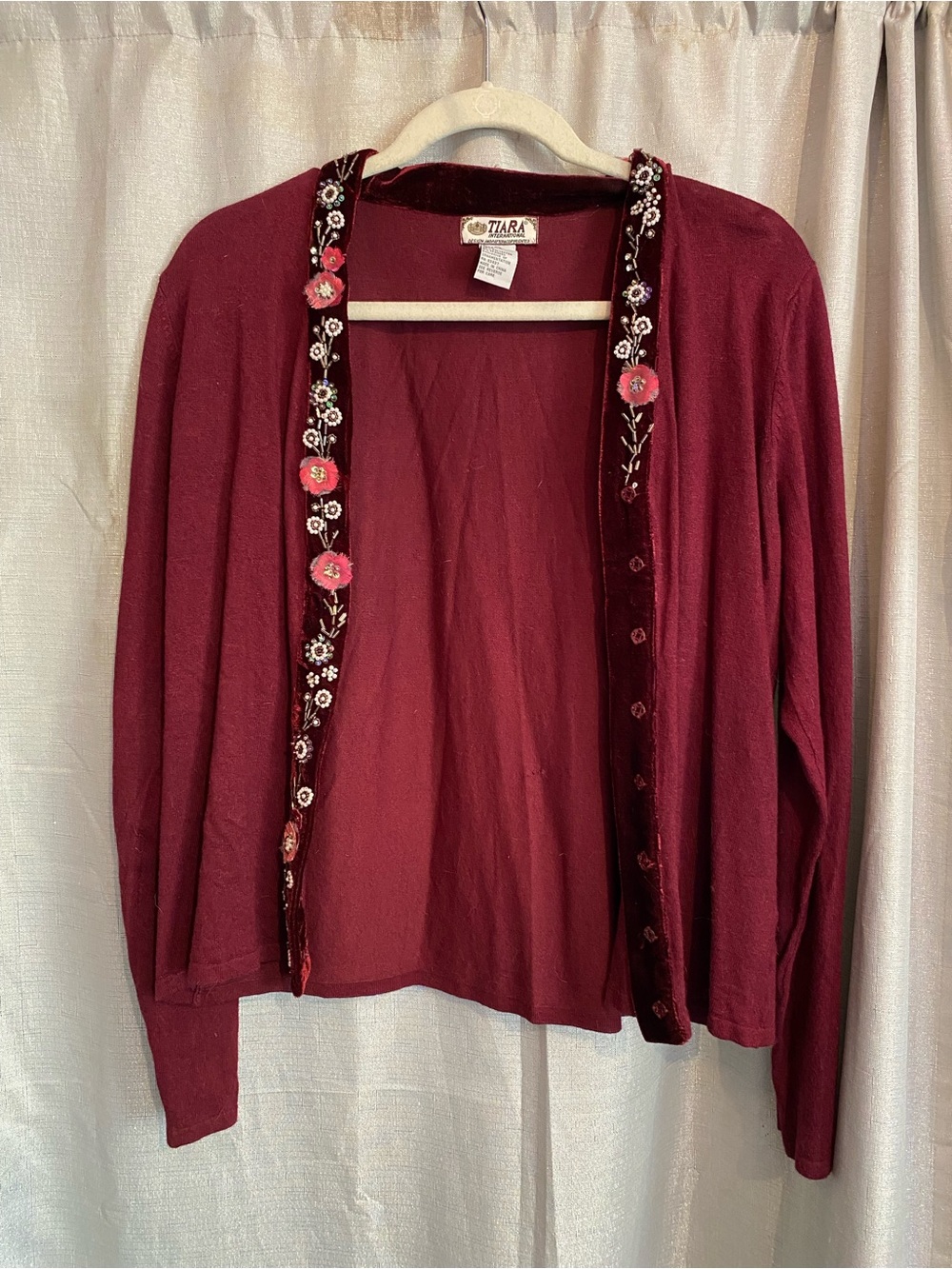 VTG Tiara Burgundy Open Embroidered Cardigan